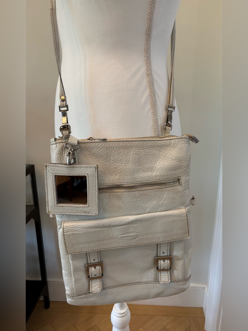 Nobuck Vintage Leather Crossbody Shoulder Bag with Mirror Charm